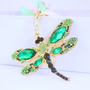Sparkling crystal dragonfly keychain with green rhinestones and golden metal hardware