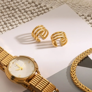 Three-layer gold stainless steel ear cuffs for women without piercings on fabric base
