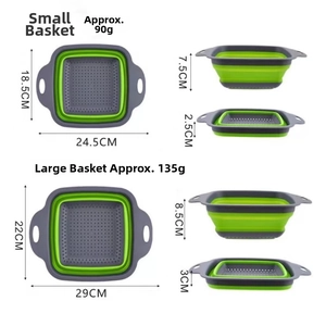 Detailed size chart for green collapsible silicone colander showing folded dimensions
