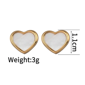 Minimalist golden heart stud earrings with white mother of pearl inlay on white background
