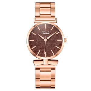 Fashion rose gold women watch with dark brown embossed leaf pattern dial and metal strap