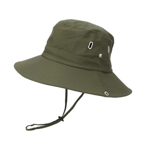 Detail of olive green hiking hat with metal eyelets and adjustable chin strap