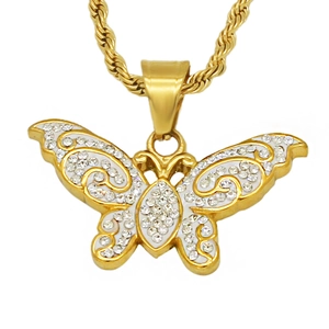 Pendentif papillon doré en argile blanche et strass sur une chaîne torsadée