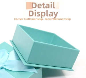 Detail shot of turquoise jewelry gift box with satin ribbon bow and precise corner finish