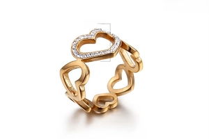 Detail of 18K gold plated heart ring with white zircon measuring 13mm and 4g weight