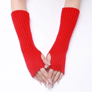 Classic red ribbed knit fingerless long gloves with thumb hole for women and men