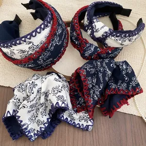 Vintage Floral Print Knotted Headband Wide Brim Cloth Hairband Contrasting Crochet Edge Elegant Hair Accessories Women