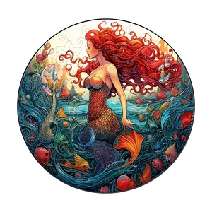 Detailed view of irregular wooden puzzle pieces featuring a mythical red-haired mermaid