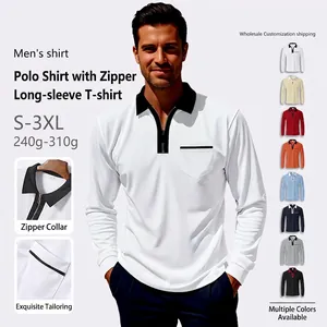 Mens Long Sleeve Polo Shirt Polyester Cotton Pique Knit Quarter Zipper Contrast Lapel Pocket Casual Business Top