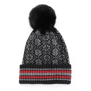 Winter knit beanie with geometric pattern and large faux fur pompom in black and grey