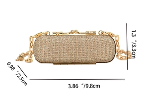 Detailed size chart for golden sequin mini clutch bag showing 9.8cm length dimensions