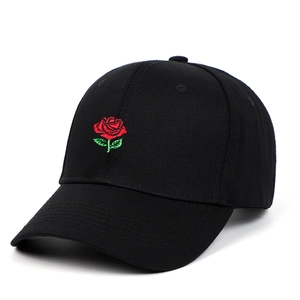Classic black cotton baseball cap with red rose embroidery and curved brim