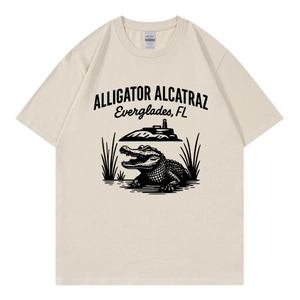 Beige cotton t-shirt featuring Alligator Alcatraz print in a vintage casual style