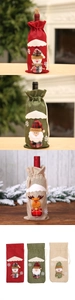 Three festive linen Christmas wine bottle covers with Santa and snowman patterns on display