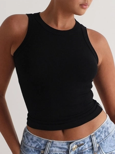 Close-up of the black ribbed knit texture and slim fit design on a sporty tank top