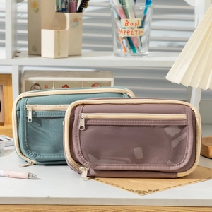 Large capacity canvas pencil case with double zipper and clear window in green and pink