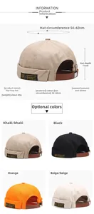 Size guide for cotton brimless dockers hat showing 56-60cm circumference and depth