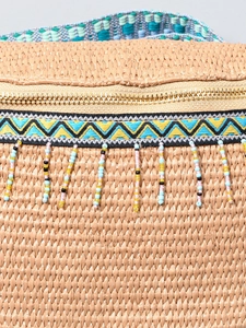 Bohemian straw woven chest bag with colorful geometric strap and beaded tassel charms