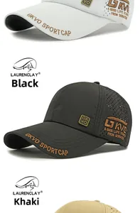 Detail of laser-cut breathable mesh and GKVO SPORT embroidery on outdoor baseball caps