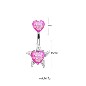 Pink heart opal belly ring with silver star base and stainless steel piercing bar