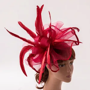 Elegant dark red mesh fascinator hat with feathers for weddings and vintage parties