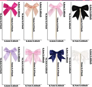 Detailed size specifications for various colorful polyester bow cake toppers on sticks