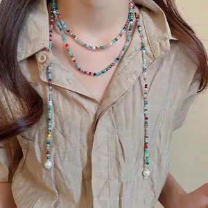 Bohemian Long Beaded Necklace Colorful Crystal Glass Beads Ethnic Vintage Sweater Chain Imitation Artificial Pearl Decoration Women