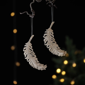 Golden glitter feather ornaments for Christmas tree decoration with silver hanging ropes