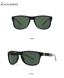 Vistas frontal y lateral de 45 grados de gafas de sol TR90 negro mate con lentes verdes