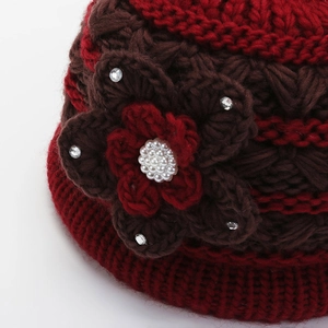 Knit winter bucket hat for elderly women with decorative floral pearl detailing