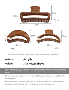 Detailed size and weight specs for large acrylic hair claws in dark wood grain finish