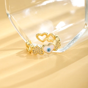 Adjustable 18K gold plated heart ring with evil eye enamel and cubic zirconia stones