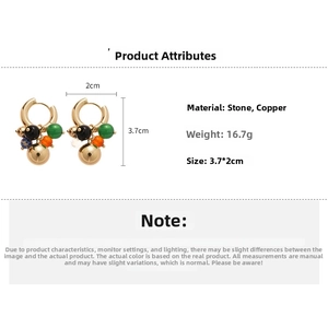 Detail view of colorful beaded grape drop hoop earrings with dimensions and material info