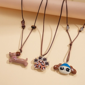 Cute cartoon puppy dog and leopard paw pendants on adjustable brown leather cords