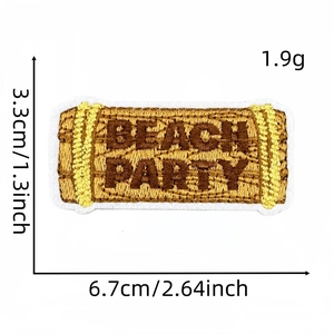 Detailed size view of embroidered Beach Party patch in gold and brown threads