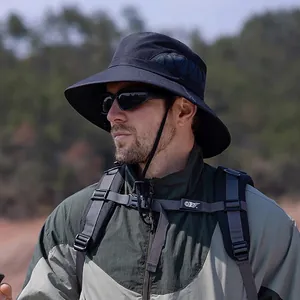 Outdoor wide brim sun hat for men with breathable mesh panels and adjustable chin strap