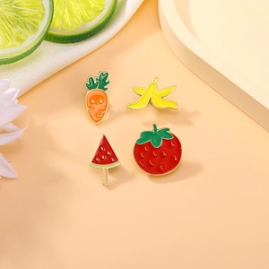Set of 4 cute fruit enamel pins including carrot banana watermelon and strawberry shapes