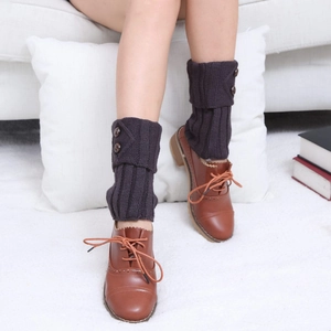 Deep purple knitted leg warmers with diamond pattern and side double button detail