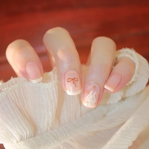 Faux Ongles À Presser Lapin Dessin Animé Courts Style Français Avec Nœud Rouge Et Étoiles Dorées Pour Femmes