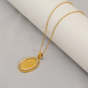 Virgin Mary Pendant Necklace Stainless Steel Gold Plated Rhinestone Oval Religious Medallion Jewelry Women Men Fashion