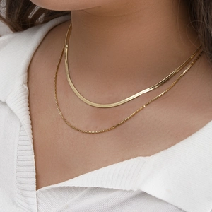 Double-layered 18K gold plated stainless steel flat snake chain and box chain necklace