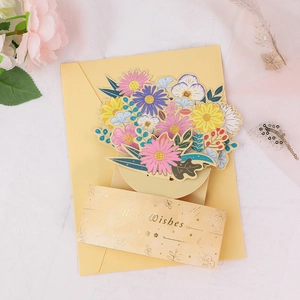 3D pop-up floral greeting card set with gold embossed envelope on decorative fabric
