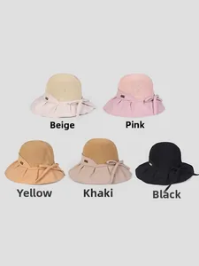 Detailed display of summer sun hats in beige, pink, yellow, khaki and black colors