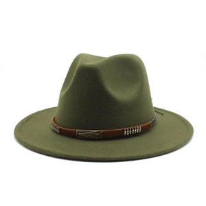 Classic dark green wool fedora with brown braided band and vintage metal studs