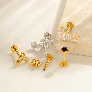Titanium flat back flower labret studs and ear cartilage jewelry in gold and silver