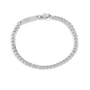 Silver stainless steel curb chain bracelet with polished rectangular ID plate and lobster clasp