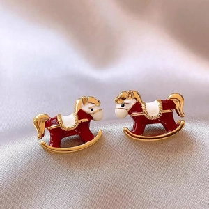 Boucles D'oreilles Cheval À Bascule Émail Rouge Alliage Avec Tige En Argent Sterling 925 Bijoux De Nouvel An Pour Femmes