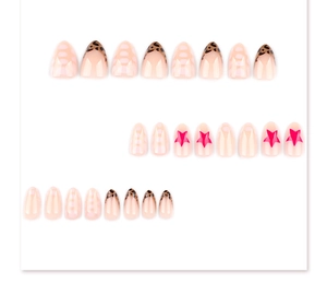 Faux ongles amande courts avec motifs d'étoiles rouges et imprimé léopard français