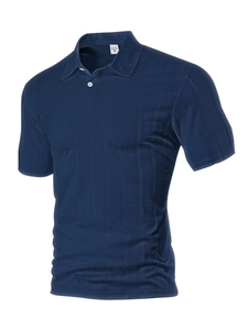 Detail of navy blue short sleeve polo shirt showing vertical knit texture and collar design