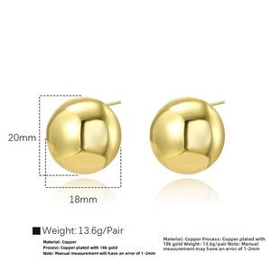 Detailed view of large 18k gold plated sphere earrings with size and weight dimensions